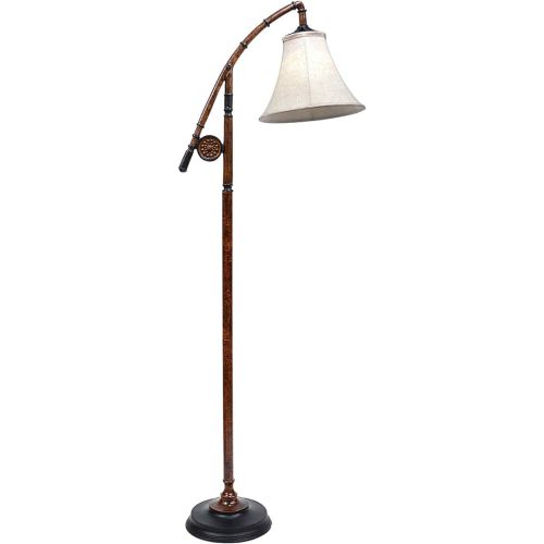 BLACK FOREST DECOR - Fishing Pole Floor Lamp with Linen Shade, Cast Resin Construction - Vintage Lakeside Style - 19" W x 63" H