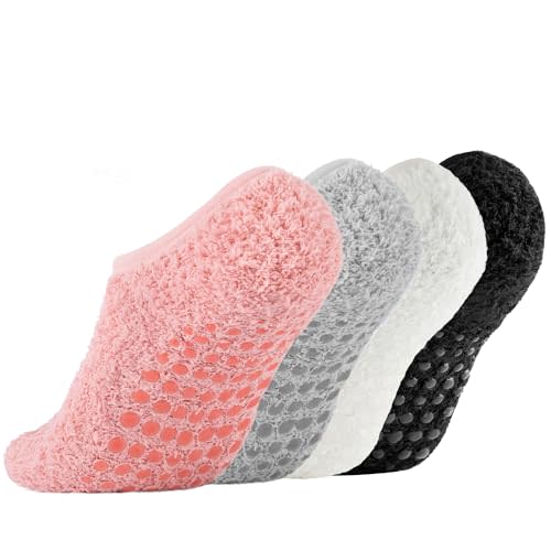 4 Pairs Fuzzy Slipper Socks Womens,Warm Cozy Non-Slip Grips Socks | Fluffy Cozy Soft Socks For Hospital Home Sleep, Machine Washable, Ideal Holiday Gift For Women