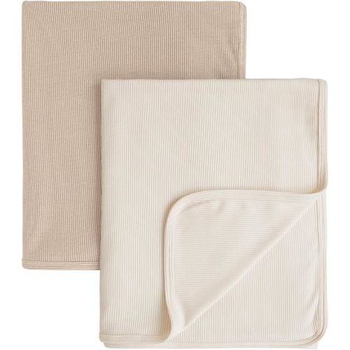 Konssy Knit Baby Blanket 2 Pack, Soft Ribbed Swaddle Receiving Blankets for Boys & Girls, Lightweight Cozy Swaddling Wrap for Newborns, Infants, & Toddlers, 33x42 Inch (Camel, Beige)