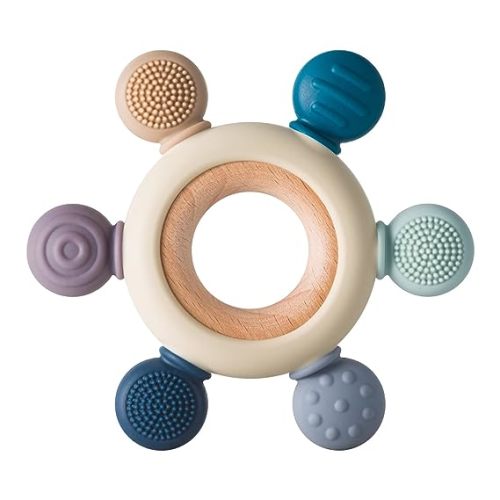 Baby Teething Toys Silicone Teethers BPA Free Silicone Rudder with Wooden Ring Soothe Babies Gums (Gray)