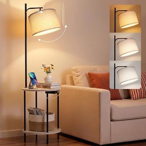 ONEWISH Floor Lamp with Table and Charging Station, Side Table with AC Outlet, USB-C & USB-A Ports, 9W LED Bulb Included, Floor Lamp with Shelves for Bedroom Living Room Small Spaces, Off-White