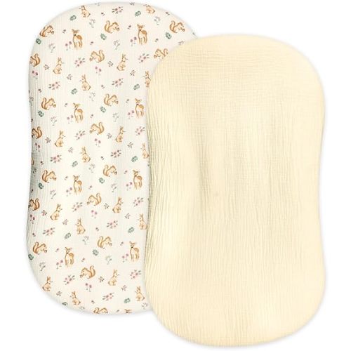 Hooyax Muslin Baby Lounger Cover 2 Pack, Organic Removable Slipcover for Newborn, Baby Padded Lounger Infant Floor Seat Covers for Boys Girls (Creamy Yellow & Squirrel)