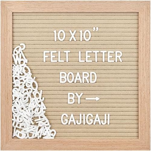 Felt Letter Board, 10 x 10 inch Wooden Frame, Beige | 294 letters, numbers, symbols, changeable message board with wall mount, for baby announcement sign, custom & classroom decor