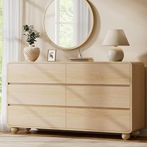 Lulive Wood Dresser for Bedroom, 53” Wide Chest of Drawers with 6 Drawers, Modern Closet Storage Drawer with Curved Profile Design for Living Room, Hallway, Entryway, Natural