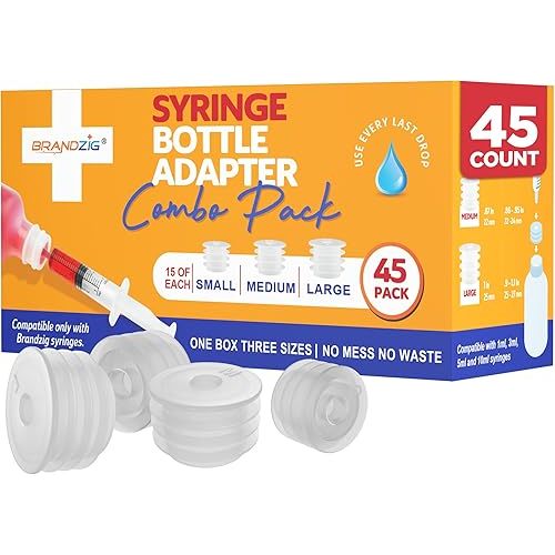 Medicine Bottle Syringe Adapter For Oral Dispensers 45 Pieces 3 Sizes (15 each size) | Press In Bottle Adapter for Liquid Medication | Only Fits Brandzig 1ml, 3ml, 5ml & 10ml Syringes