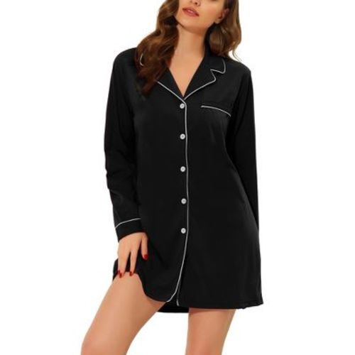 cheibear Women's Long Sleeve Notched Lapel Button Down Lounge Nightshirt