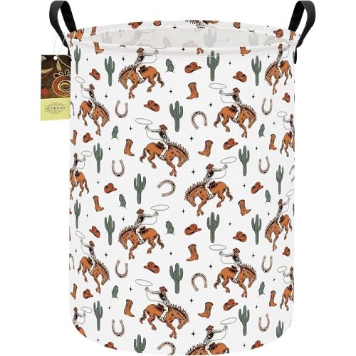 HUNRUNG Collapsible Fabric Storage Basket, Waterproof Laundry Hamper with Handles, Round Storage Bin for Clothes, Foldable Organizer for Bedroom Nursery Bathroom(Round-Cowboy)