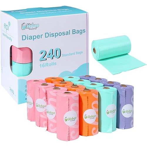 Diaper Bags Disposable for Baby, 16 Refill Rolls/240 Bags OXO-Biodegradable Waste Bags,Dirty Disposable Diaper Bags,Diaper Trash Bags,Rainbow