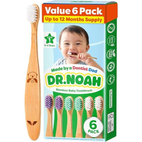 Dr. Noah Microplastic-Free Bamboo Baby Toothbrush, Dentist Designed, 6 Pack