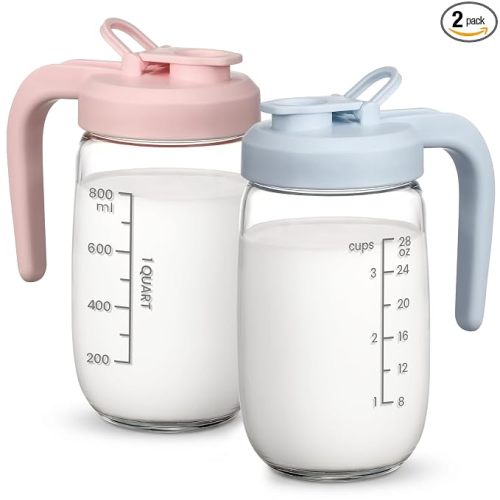 2 Pack Breast Milk Pitcher 32 OZ, Heat & Cold Resistant, Sudden Temperature Safe, Fast Baby Formula Maker with Wide Mouth, No Leak Glass Fridge Storage Container for Juice, Cold Brew-Blue, Pink