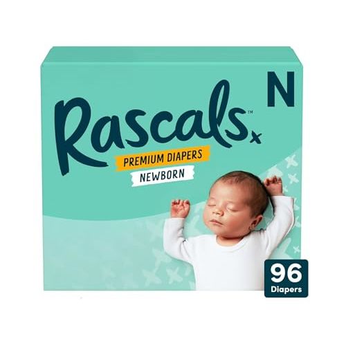 Rascals Premium Newborn Baby Diapers, Size Newborn, (96 Count), Ultra Soft Disposable Diapers, Up to 12 Hours Leak Protection, High Absorbency, Comfortable Fit for Sensitive Skin