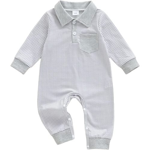 Newborn Baby Boy Winter Clothes Long Sleeve Lapel Jumpsuit Collar Plaid Romper Playsuit Infant Baby Boy Fall Outfit