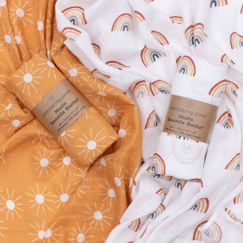 Organic Baby Muslin Swaddle Blankets - Sun and Rainbow Swaddle Blanket 2 Pack - Organic Cotton & Natural Bamboo Muslin, Boho Baby, 47" X 47"