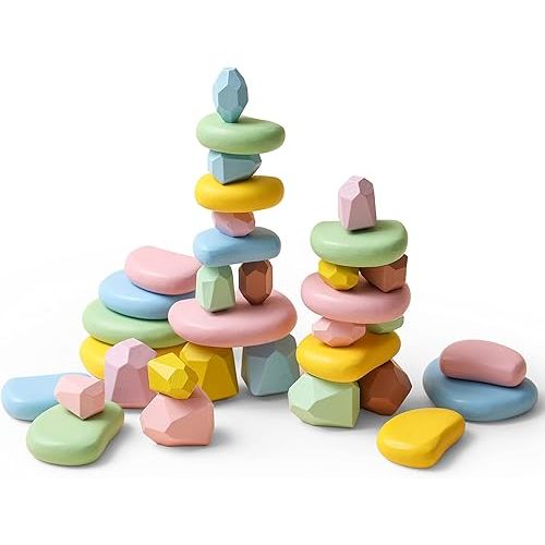 OESSUF 34PCs Stacking Rocks Balancing Stones Wooden Stacking Toys for Toddler Montessori Sorting Game
