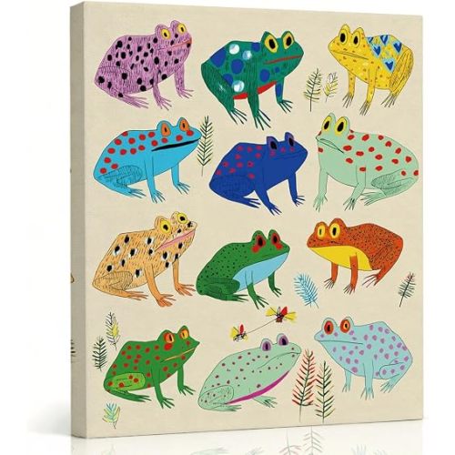RTVJTERQ Funny Frog Wall Art, Colorful Frog Canvas Print, Whimsical Kids Room Wall Decor, Cute Art for Nursery Kids Room Bedroom, Ready to Hang, 8x10 Inches
