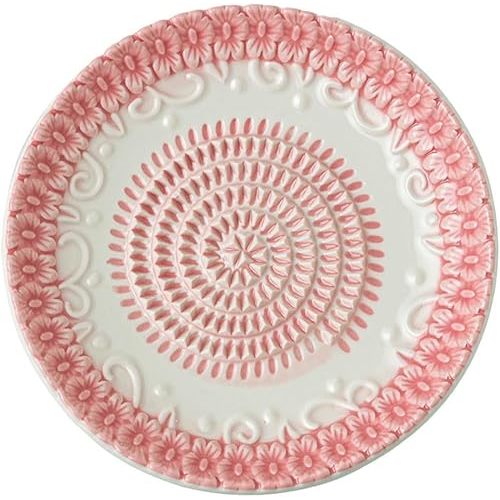 BonCera, All-in-one Premium Ceramic Garlic Grater Plate 4-Piece Set - Pink Embossed Design and Style - For Garlic, Ginger, Chocolate, and more! - Comes with 5.25" Plate, Peeler, Brush, and Stand