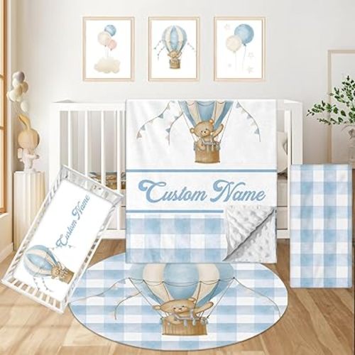 Personalized Baby Crib Bedding Set, Custom Name Nursery Bedding, Hot Air Balloon 5 Pcs Baby Bedding Set for Girl Boy, Double Layer Crib Set, Customized Gifts(Fixed Size)