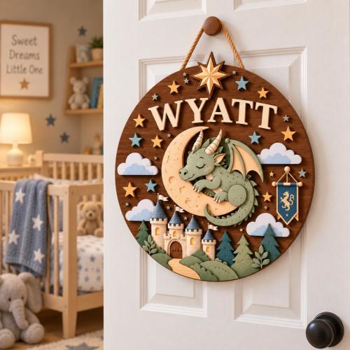 Custom Name Wooden Nursery Sign, Sleeping Dragon Moon Room Decor, Castle Baby Boy Wall Art, Personalized Kids Door Hanger, New Born Gift
