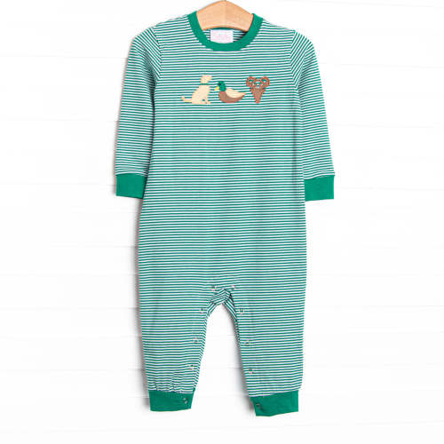 Hudson Hunter Trio Applique Romper, Green Stripe – Stitchy Fish