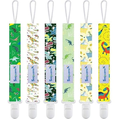 Smlpuame Baby Pacifier Clip for Boys Girl,6 Pack Stylish Binky Clips Strap,Paci Holder with Clips Universal Lightweight Fits Most Pacifiers Teeher Toy Teething Ring Soothie,Baby Gifts(Dinosaur)