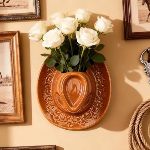 Ceramic Cowboy Hat Wall Vase - Handmade Hanging Flower Planter, Western Boho Room Decor & Coastal Cowgirl Aesthetic Wall Art for Home Decorations (Brown)