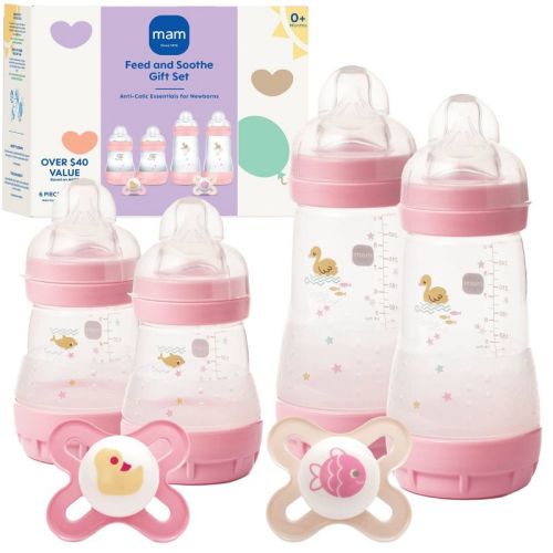 MAM Newborn Essentials Feed & Soothe Set (6 piece) 0m+ - Girl: Wide Neck Bottles, BPA-Free, Silicone Nipple