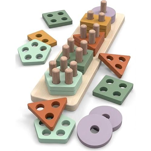 ANGORA BRANDS Montessori Wooden Shape Sorter & Stacking Toy for Toddlers 3+, Educational Puzzle that Builds Fine Motor & Cognitive Skills by Playfully