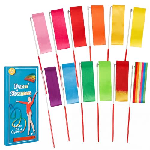 YGEOMER 12pcs Rainbow Gymnastics Dance Ribbon Wands | Twirling streamer batons, ideal for artistic dancing, talent shows, dance floor and party props
