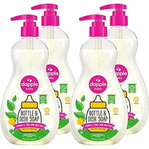 Dapple Baby Fresh Citrus Bottle & Dish Soap - (4 Pack) 16.9 fl oz - Cleans Baby Bottles, Sippy Cups, Pacifiers, Breast Pumps, & More - Gently Removes Milk Film & Odors - Includes 1 Pump