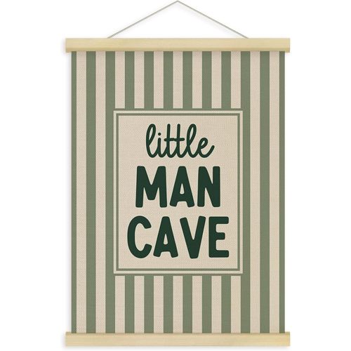 Fewgb Little Man Cave Wall Art Decor for Boys Nursery, Sage Green Wall Decor Poster Framed Hanger for Toddler Baby Boys Kids Room Playroom Bedroom, Striped Hanging Picture Prints Banner 12x16