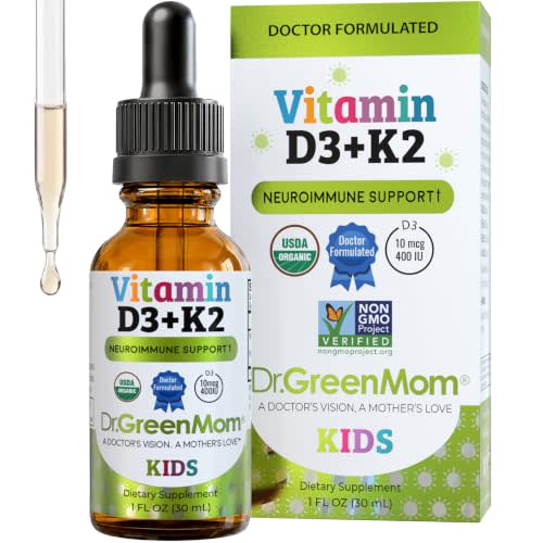 Dr. Green Mom Liquid Vitamin D 3 K2 Drops — Babies & Kids — Organic, 400 IU | in MCT Oil, Organic, Unflavored — 1 Drop a Day For Bone & Immune Support — 1 Fl Oz, 1180 Servings — Sugar Free, Non-GMO