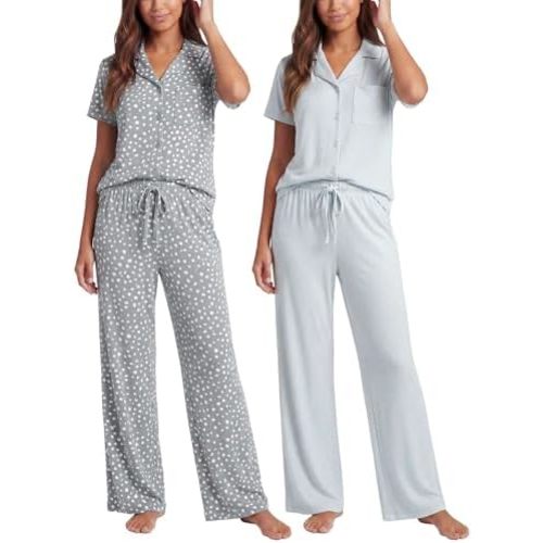 Real Essentials 2 Pack: Women's Button Up Pajama Sets Short Sleeve Notch Collar Lounge Sleep PJ Open Bottom Pants Button Down