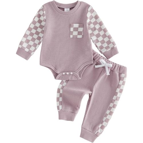 Newborn Baby Boy Girl Clothes Checkered Plaid Long Sleeve Waffle Knit Romper Pants Set 2 Piece Fall Winter Outfits