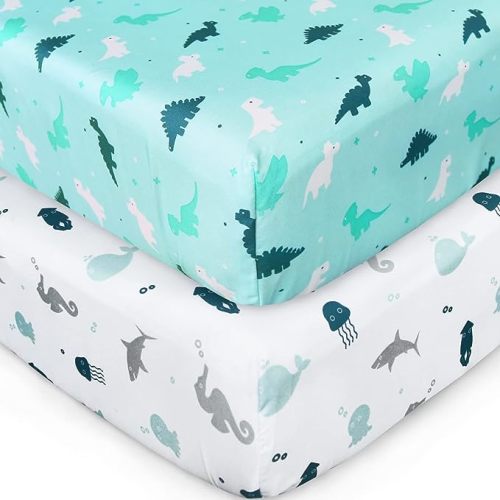 Crib Sheets 2 Pack-Crib Sheets Fitted Boy or Girl for Standard Crib Mattress & Toddler Mattress, Soft and Breathable Baby Crib Sheet, 52'' x 28'' 2-Pack, Dinosaurs & Ocean