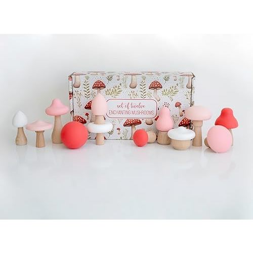 Pink Mushroom Woodland Kids Garden Fungi Mushroom Table Decor Set - Wooden Toys - 12 Piece