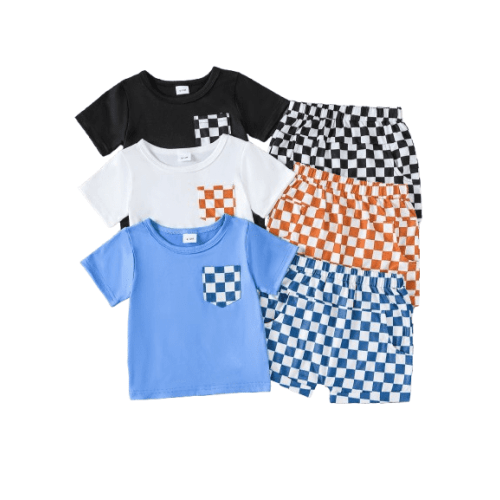 Mikrdoo 9-12 Months Infant Baby Boys Essentials Set Summer Gift Sets Checker Tee Shorts Set 3-Pack Outfits 6pcs