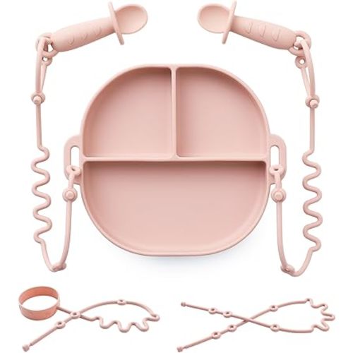 Andy Bear Silicone Plates for Babies with Suction Divided Baby Spoons Silicone Baby Toy Straps All-in-one Plates Silicone Placemat for Babies Toddlers Attachable Tethers & Built-in Suction Cups-Blush