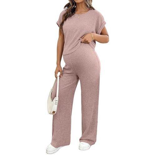 BLENCOT Maternity Sets Summer Ribbed Knit Pajamas Outfits | Casual Pregnancy 2 Piece Soft Stretch Fabric Matching Clothes for Moms Postpartum Recovery and Going Out Work