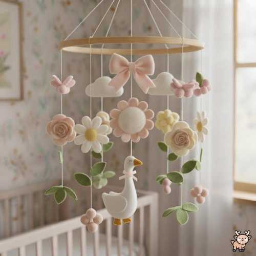 Felt Goose Floral Baby Mobile, Pink Bow Nursery Decor, Dreamy Baby Girl Gift