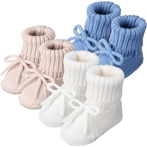 Evervibe 3 Pairs Knitted Baby Booties 0-6 Months Newborn Crochet Shoes Baby Shower Booties Centerpiece for Gender Reveal