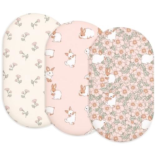 Bassinet Sheets, Fitted Baby Mattress Covers, 33" x 17", Blush Bunny | 3 Pack, Fitted Bassinet Sheets, Soft & Breathable Fabric, For Rectangle, Oval & Hourglass Mattresses, For Baby Boys & Girls