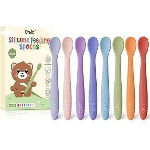 DRKIO 8-Piece Silicone Baby Spoons - Infant Spoons First Stage Self Feeding Baby Led Weaning Supplies Toddler Training Utensils Soft Chewable-Tip Bendable BPA-Free Dishwasher Safe Boil-proof