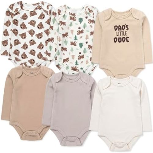 Baby Essentials 6-pack Long Sleeve Bodysuits,Solid & Printed Designs, Soft Stretch Polyester Spandex, Snap Closure