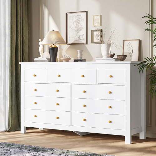 9 Drawers Dresser for Bedroom, Large Chest of 9 Drawers with Wide Tabletop, Modern Wood Storage Cabinet for Living Room Hallway, White