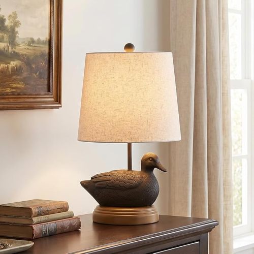 Crestview Collection 21" H Resin Black Duck Table Lamp,Natural Linen Shade | Farmhouse Style, Wood-Look Pedestal Base,Rustic Lodge Accent,for Living Room, Bedroom, or Entryway
