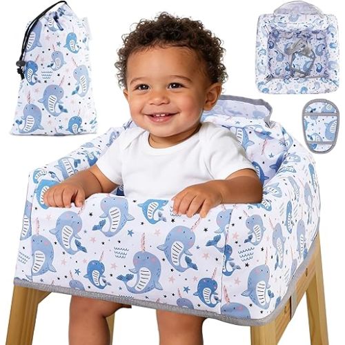 Lunobubo High Chair Cover Portable with 3-Point Harness, Waterproof Baby Seat Cover for Restaurant Travel Home Use, Machine Washable, Fits Wooden Chairs (Blue Whale)