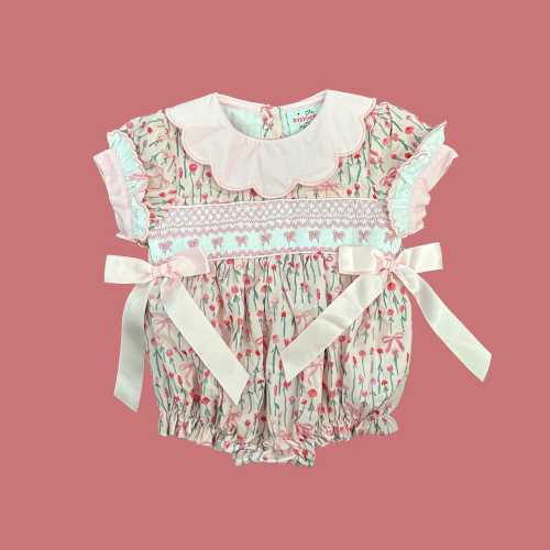 Pink Floral Heirloom Bow Smocked Bubble