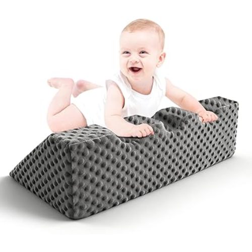 Tummy Time Lounger for Neck & Shoulder Strength | Nursing Support to Relieve Infant Gas & Reflux with Removable Memory Foam Mat, Gray