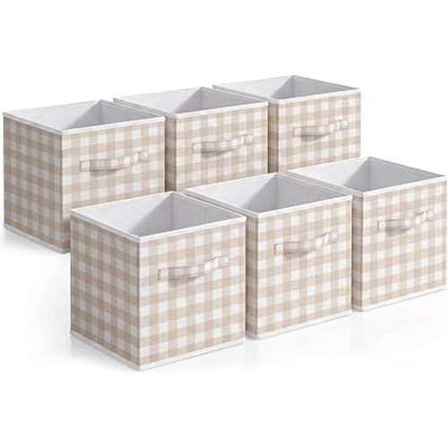 Yalikop 6 Pcs Beige Gingham Cube Storage Bins, 11 Inch Foldable Checkered Storage Basket with Handle Preppy Girls Collapsible Fabric Bins Organizer for Classroom Home Nursery Playroom Bedroom