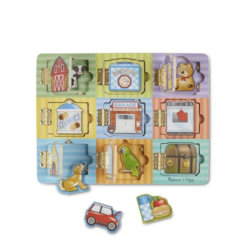 Melissa & Doug Wooden Hide & Seek Activity Board  Montessori Busy Board with Hinges, Doors & 9 Wooden Magnetic Puzzles, Educational Preschool Learning Toy for Toddlers & Kids Ages 3+